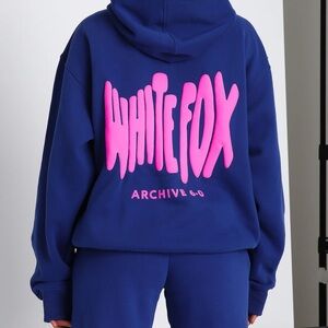 White Fox Boutique Navy Hoodie with Bold Pink Graphic